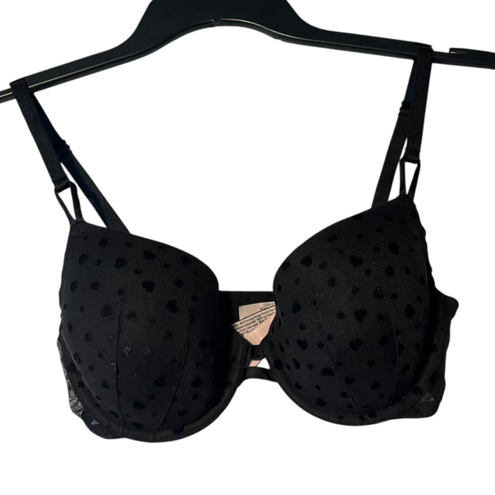 Victoria's Secret Lined Demi Bra Women's 34D Black Velvet Hearts Romantic